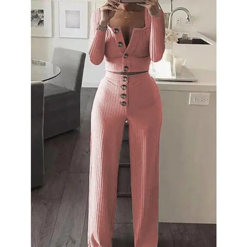 Button Solid Two Piece Set Women's Outfit Fashion Square Neck Long Sleeve Casual Short Cardigan Top & Buttoned Casual Pants Suit