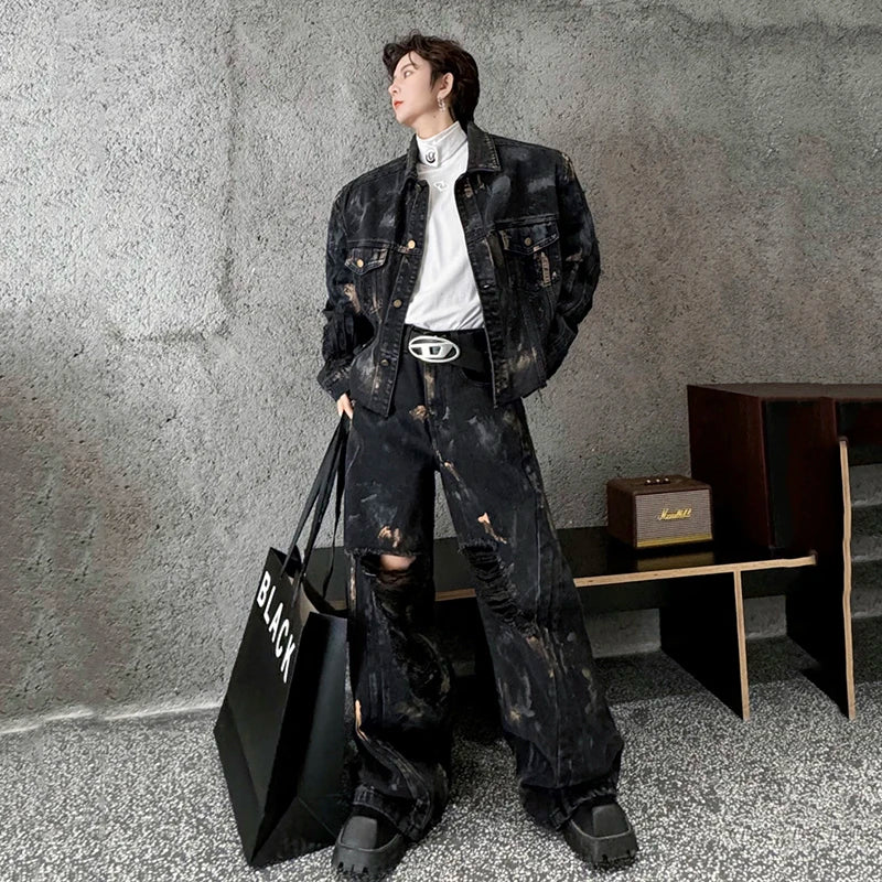 PFNW Niche Colorful Brushed Black Denim Set Men's Loose Jacket + Ripped Straight Denim Trousers Men's Casual Two Pieces 24X4260