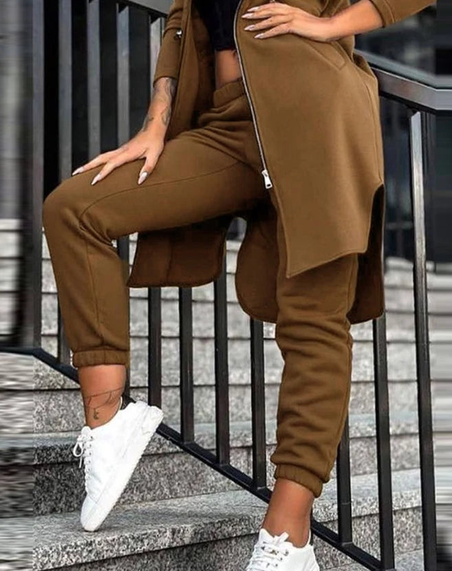 Women's Sweatpants Sets 2023 New Autumn/winter Fashion Zipper Design Longline Hooded Coat & Casual Cuffed Pants Two Piece Suit