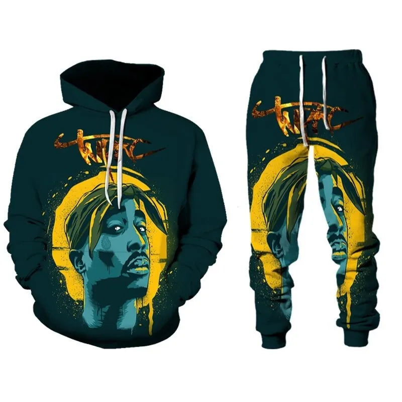 Rap Singer 2 PAC Tupac 3D Printed Hoodie Suit Men Sweatshirts Sweatpants Casual Fashion Two Piece Tracksuit Set Men's Clothing