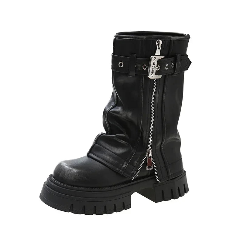 2023 New Shoes for Women Belt Buckle Women's Boot Fashion Side Zipp Modern Boots Women High Quality Round Toe Mid-Calf Zapatos