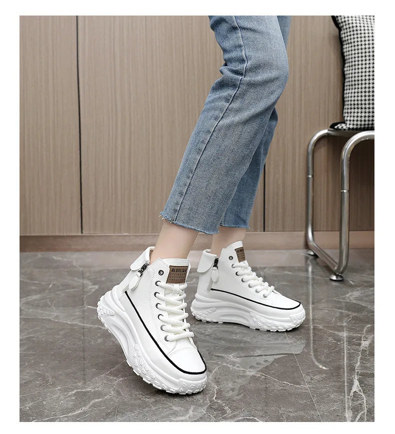 Women Boots High Top Winter Plush 2024 New Round Toe Thick Sole Height Increasing Lace Up Zipper Platform Casual Shoe Warm Boots