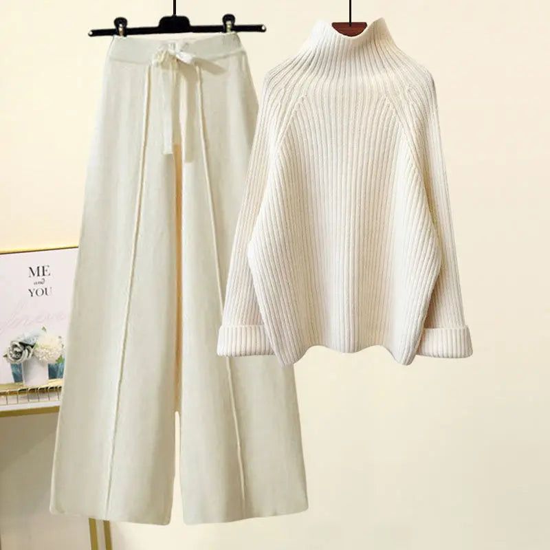 Autumn Winter New Loose Semi High Neck Long Sleeved Knitted Sweater Plush Wide Leg Pants Two-piece Set Elegant Women's Pants Set