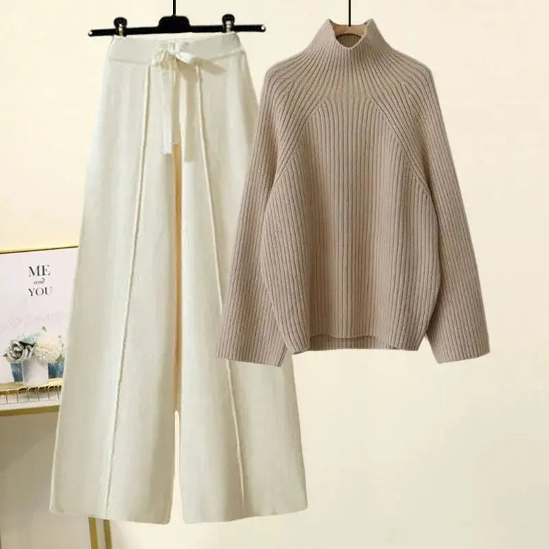 Autumn Winter New Loose Semi High Neck Long Sleeved Knitted Sweater Plush Wide Leg Pants Two-piece Set Elegant Women's Pants Set