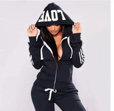 Women's striped sportswear two-piece casual long sleeved full zippered hoodie and pants sportswear set