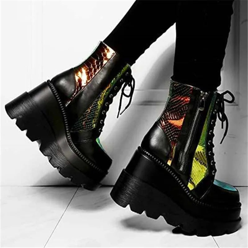 Plus Size Platform Boots for Women 2023 Fashion Wedge Shoes Sequins High Heels Women's Ankle Boots Zipper Lace Up Women's Boots