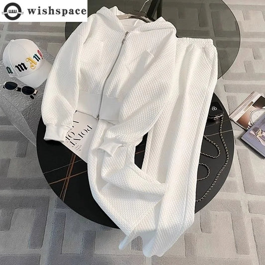 White Casual Sports Suit New Women's Loose and Age Reducing Thin Style Long Sleeved Hooded Sweatshirt Long Pants Two-piece Set