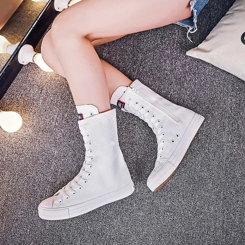 Canvas Long Boots for Women High Top Women Canvas Shoes Lace Up Knee High Boots Flats Casual Vulcanized Shoes Sneakers Girls