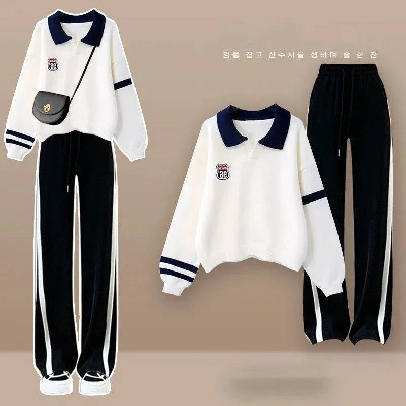 2024 Salt Style College Style Polo Hoodie Set for Women's Autumn New Casual Sports Wide Leg Pants Two Piece Set