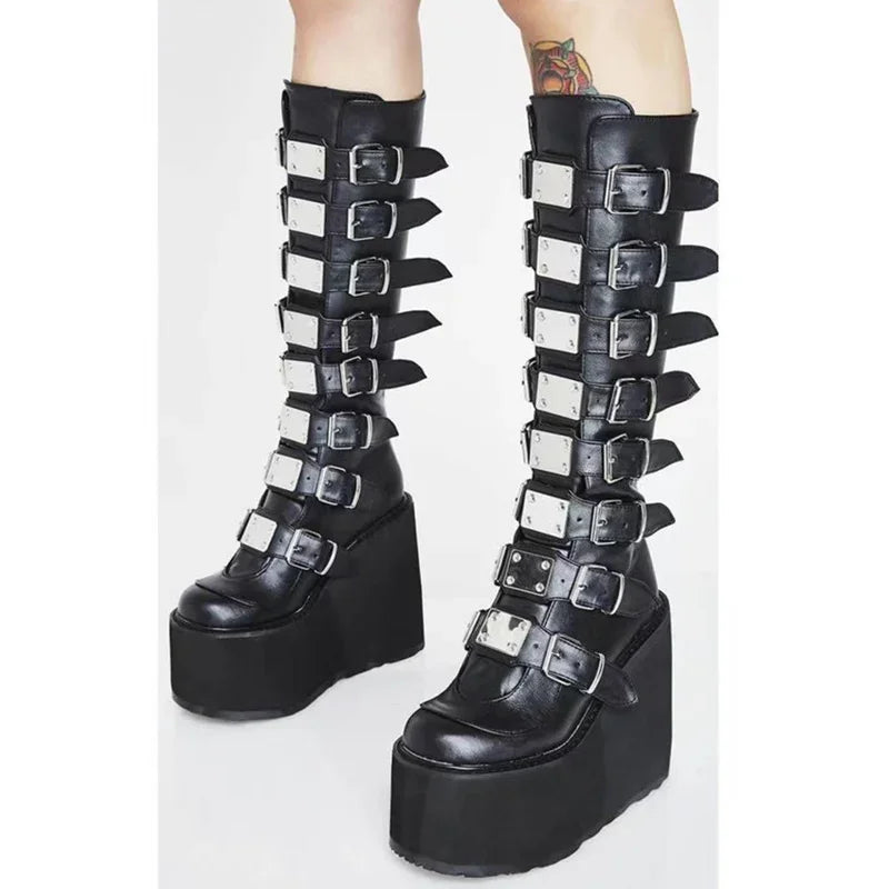 Women Boots Plus Size 2024 New Platform Thick Heel Boots Women Punk Gothic Black Buckle Shoes Woman Fashion Women's Boots