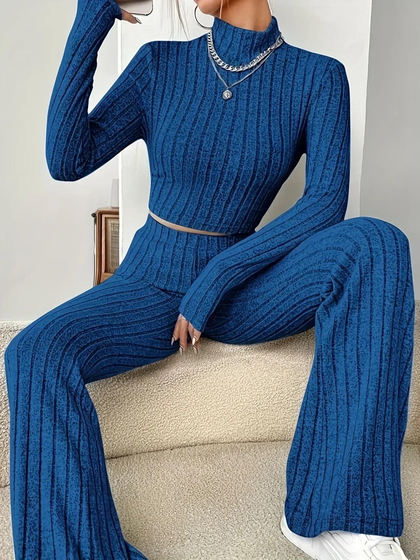 2024 Spring Knitted 2 Piece Sets Women Tracksuit Long Sleeve Vintage Sweater Crop Top Flare Pants Stretch Matching Suit Outfit