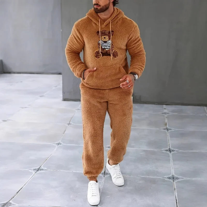 Autumn and Winter Comfortable Soft Plush Men's Hoodie Set Personalized Casual Bear Hoodie Two-piece Set Thick Warm Home Wear Set