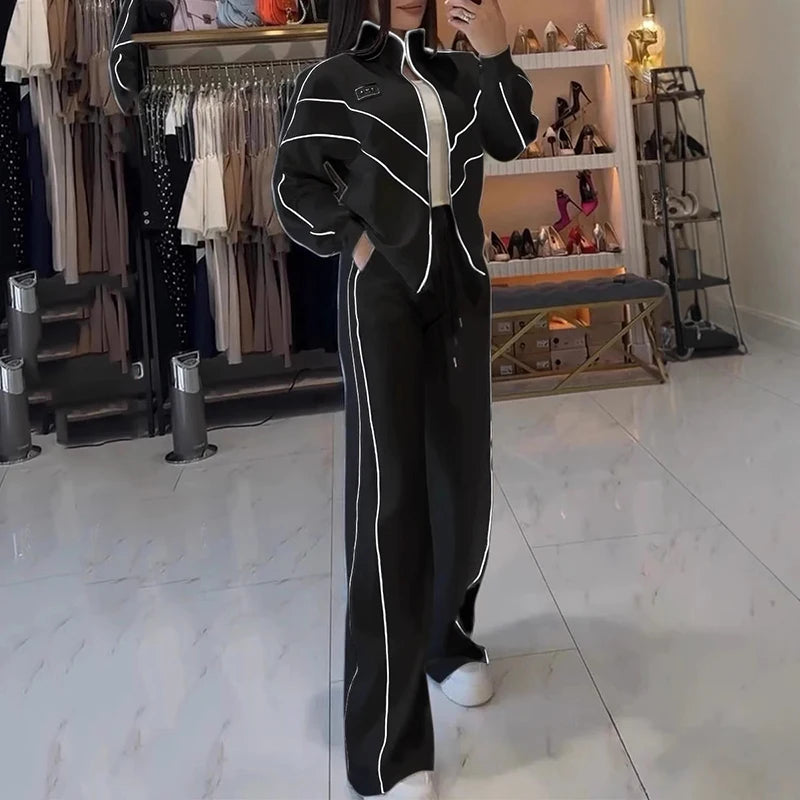 Spring Autumn Two-piece Set Women Stand-up Collar Long Sleeve Zipper Coat+High Waist Lace Up Straight Wide Leg Pants Set Outfits