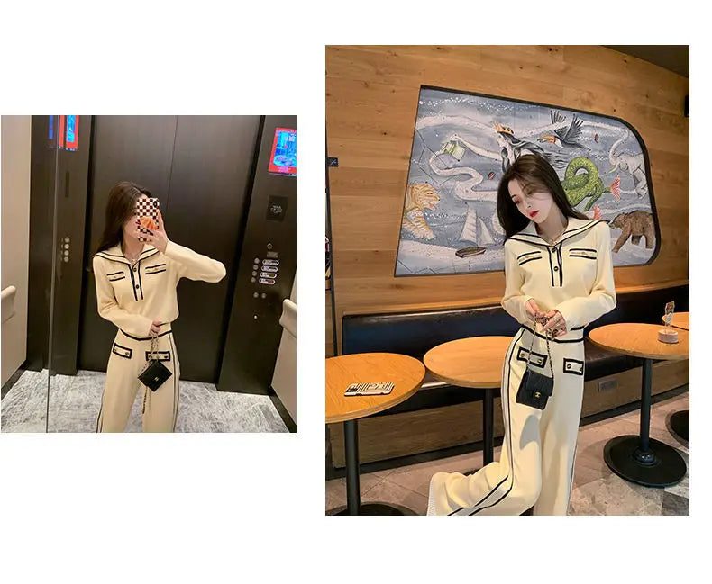 Fashion Suit Women's Autumn and Winter New Style Western-style Age Reducing Navy Collar Top Long Pants Two-piece Set