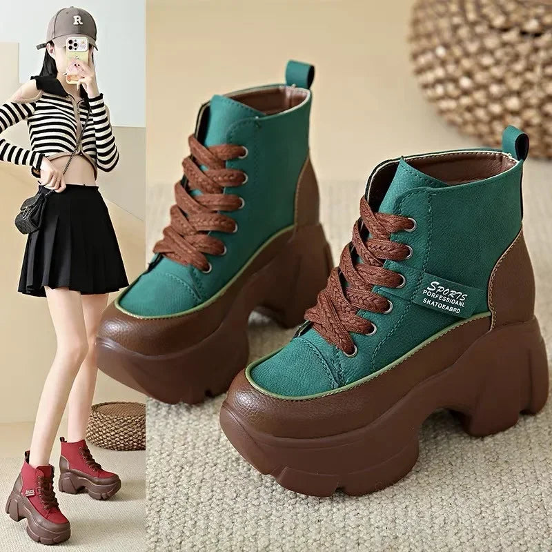 Women's Shoes on Sale High Quality Lace Up Women Boots Winter Round Toe Mixed Colors Short Barrel Platform Increase Height Boots