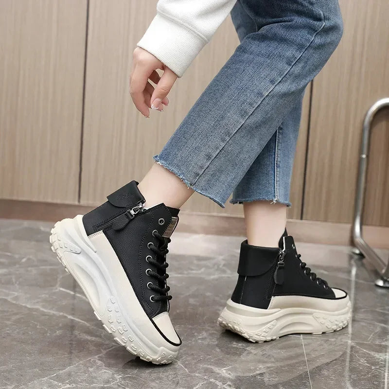 Women Boots High Top Winter Plush 2024 New Round Toe Thick Sole Height Increasing Lace Up Zipper Platform Casual Shoe Warm Boots