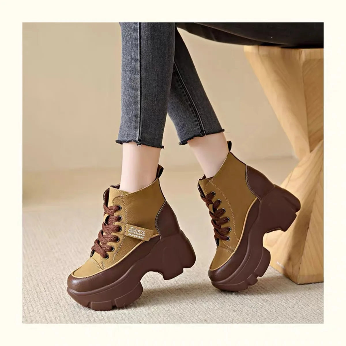 Women's Shoes on Sale High Quality Lace Up Women Boots Winter Round Toe Mixed Colors Short Barrel Platform Increase Height Boots