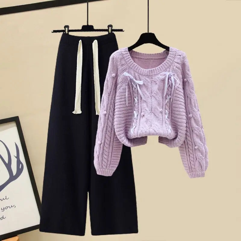 Winter New Round Neck Long Sleeve Knitted Sweater Fried Dough Twists Knitted Wide Leg Pants Two Piece Elegant Women's Pants Set