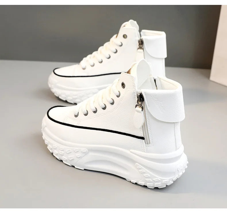 Women Boots High Top Winter Plush 2024 New Round Toe Thick Sole Height Increasing Lace Up Zipper Platform Casual Shoe Warm Boots