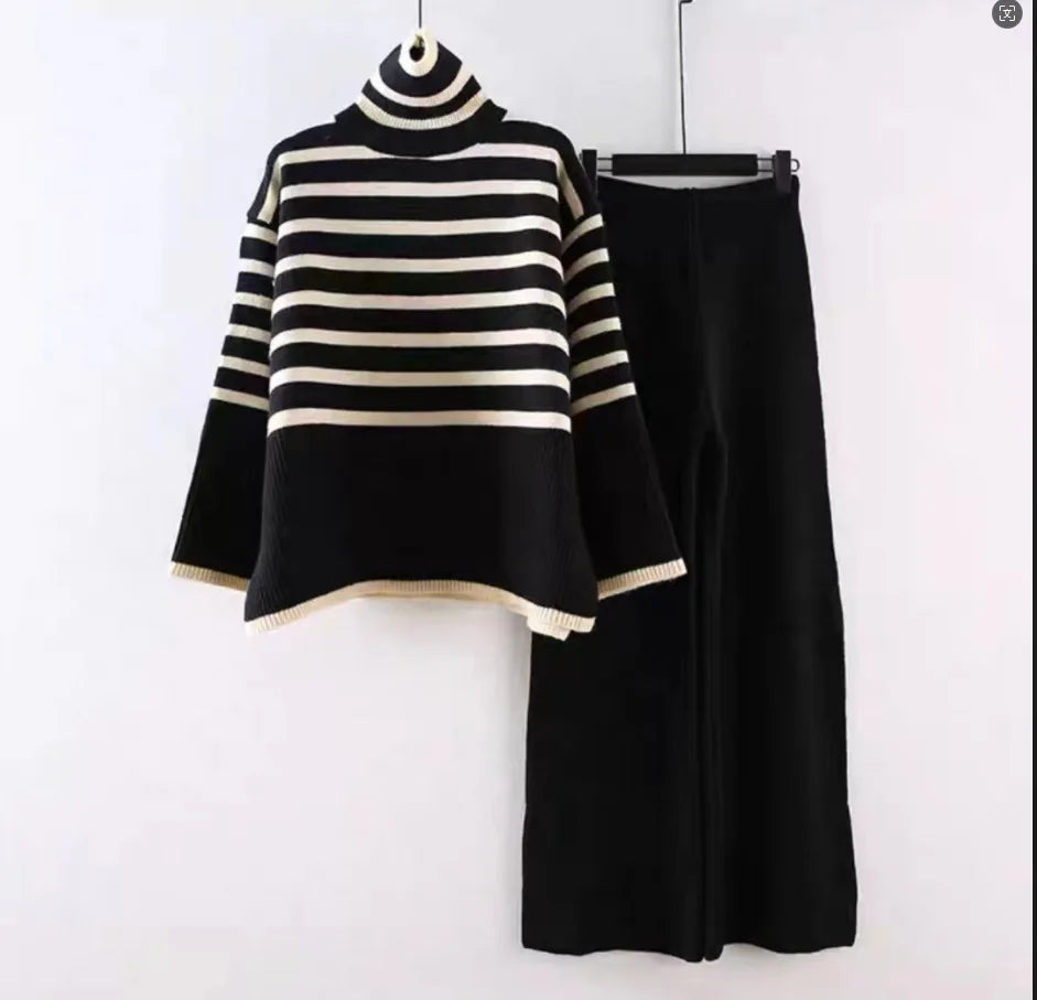 Autumn and Winter Two Piece Set for Women Turtleneck Sweater Loose Stripes Tops+Pant Sets Lazy Sweater for Women Wide Leg Pants