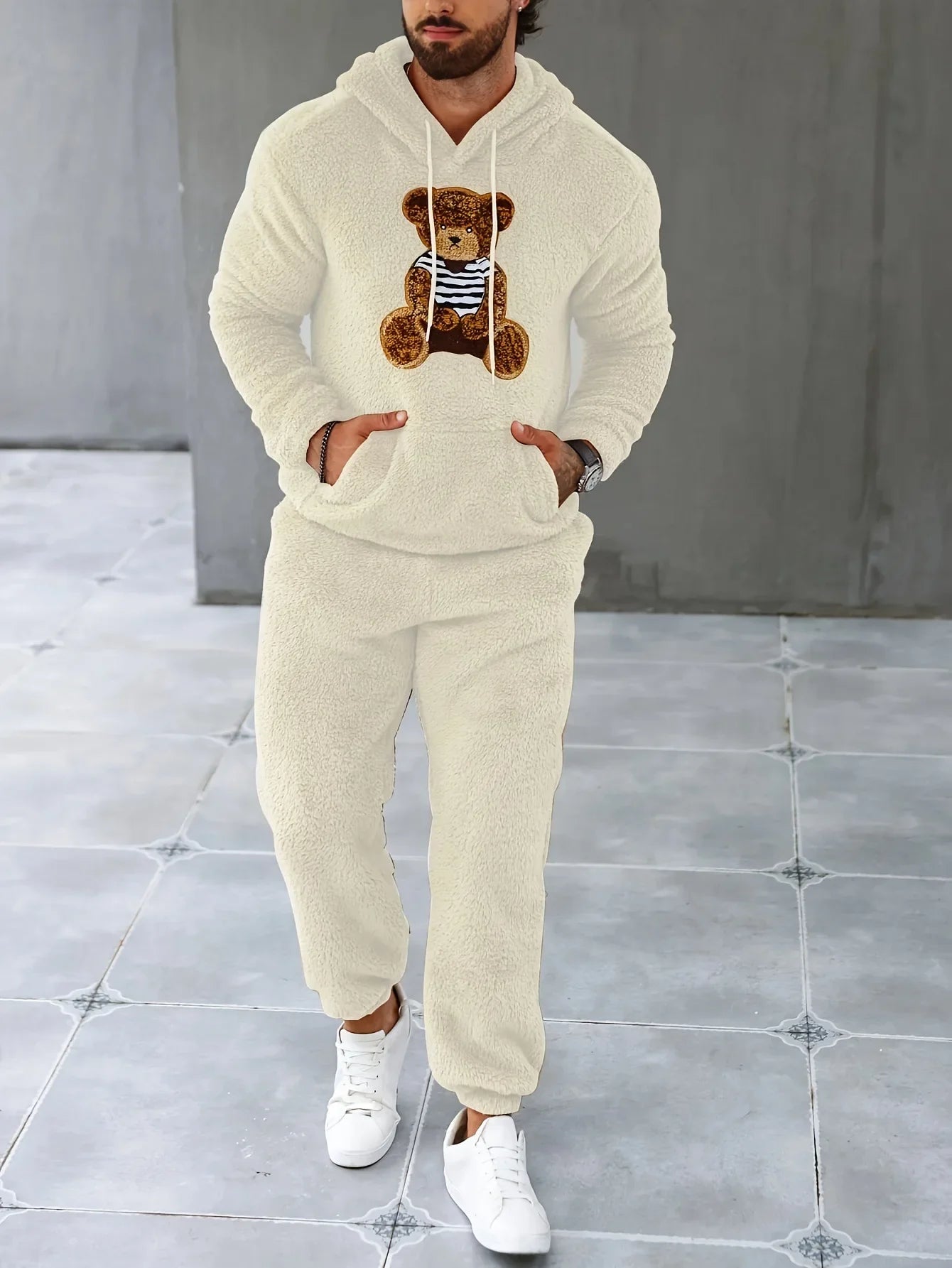 Autumn and Winter Comfortable Soft Plush Men's Hoodie Set Personalized Casual Bear Hoodie Two-piece Set Thick Warm Home Wear Set