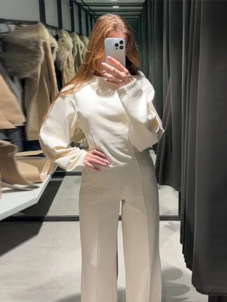 Elegant Solid Top Pants Sets Women Two Piece Sets New O-Neck Long Sleeve Pullover Wide Leg Trousers Set Casual New Office Outfit