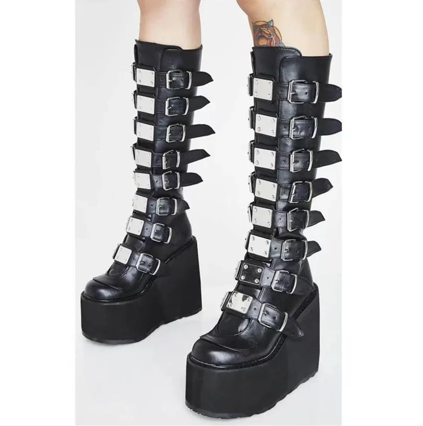 Women Boots Plus Size 2024 New Platform Thick Heel Boots Women Punk Gothic Black Buckle Shoes Woman Fashion Women's Boots