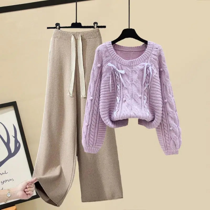 Winter New Round Neck Long Sleeve Knitted Sweater Fried Dough Twists Knitted Wide Leg Pants Two Piece Elegant Women's Pants Set