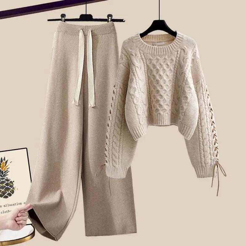 Winter New Round Neck Long Sleeve Knitted Sweater Fried Dough Twists Knitted Wide Leg Pants Two Piece Elegant Women's Pants Set