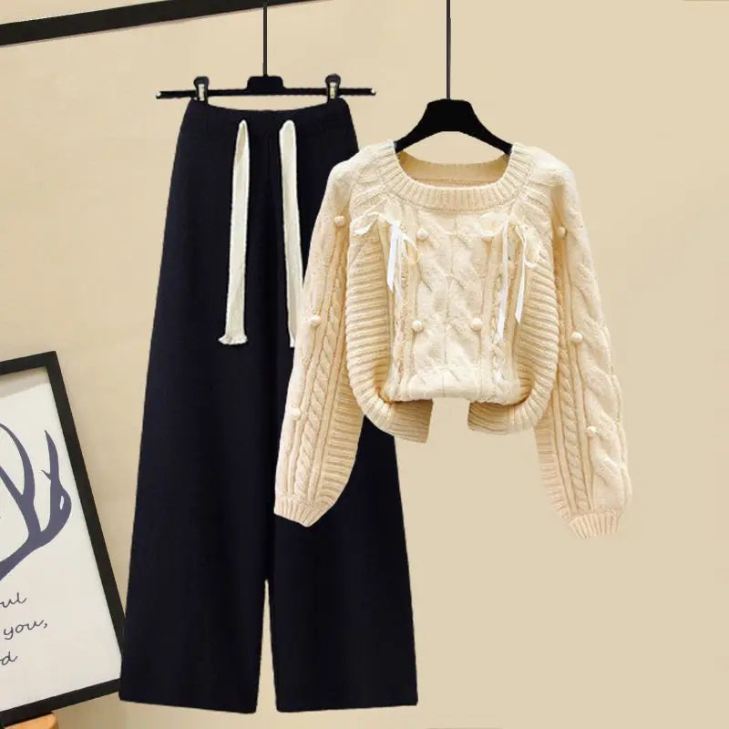 Winter New Round Neck Long Sleeve Knitted Sweater Fried Dough Twists Knitted Wide Leg Pants Two Piece Elegant Women's Pants Set