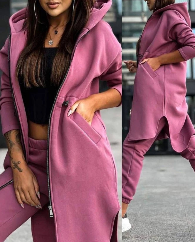 Women's Sweatpants Sets 2023 New Autumn/winter Fashion Zipper Design Longline Hooded Coat & Casual Cuffed Pants Two Piece Suit