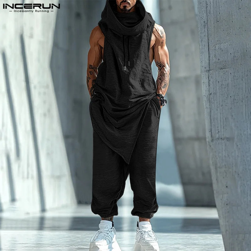 INCERUN 2024 American Style Sets Fashion Men's Sleeveless Sweatshirt Pants Casual Pile Neck Design Irregular Hem Two-piece Sets