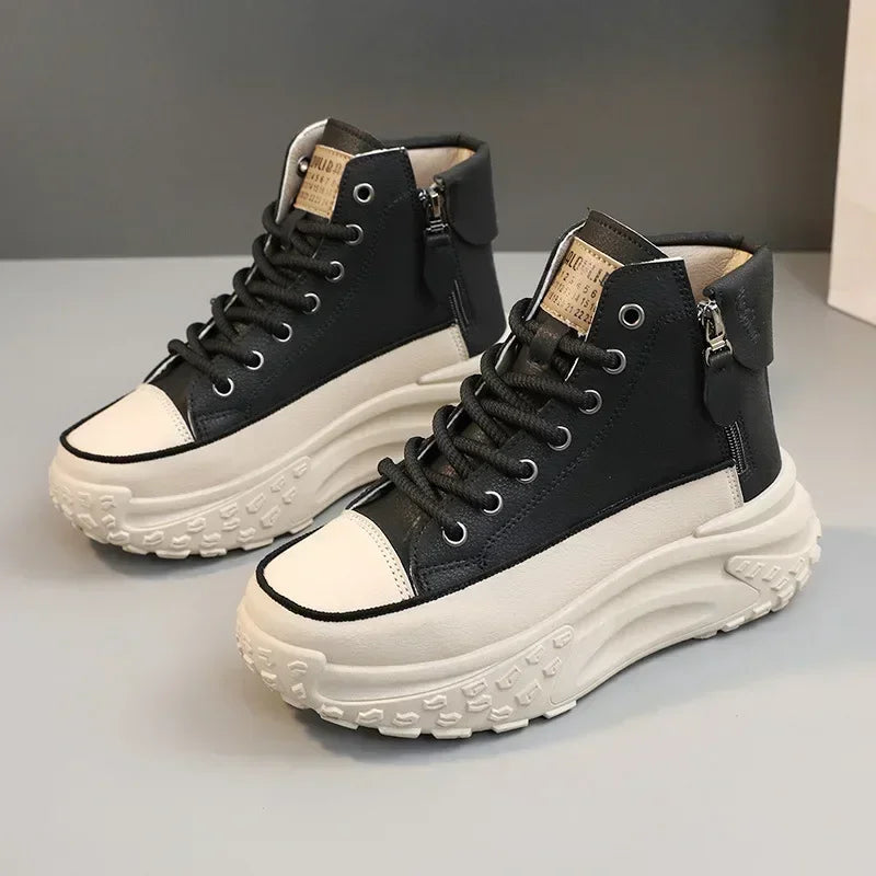 Women Boots High Top Winter Plush 2024 New Round Toe Thick Sole Height Increasing Lace Up Zipper Platform Casual Shoe Warm Boots