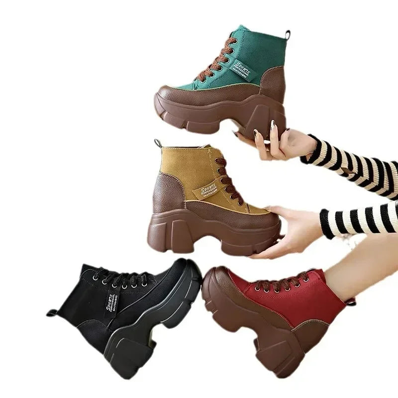 Women's Shoes on Sale High Quality Lace Up Women Boots Winter Round Toe Mixed Colors Short Barrel Platform Increase Height Boots