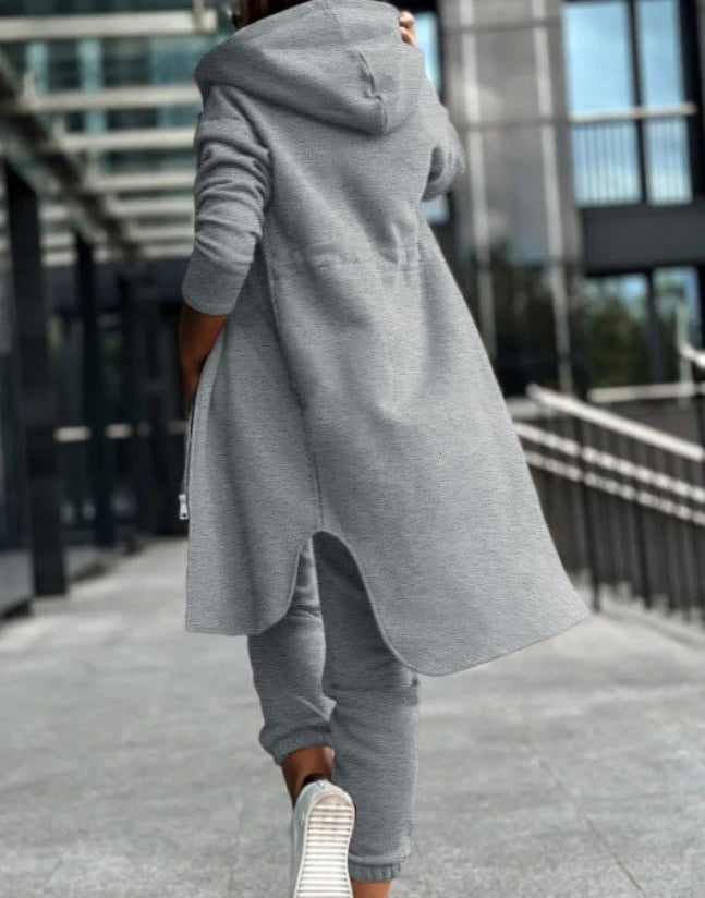 Women's Sweatpants Sets 2023 New Autumn/winter Fashion Zipper Design Longline Hooded Coat & Casual Cuffed Pants Two Piece Suit