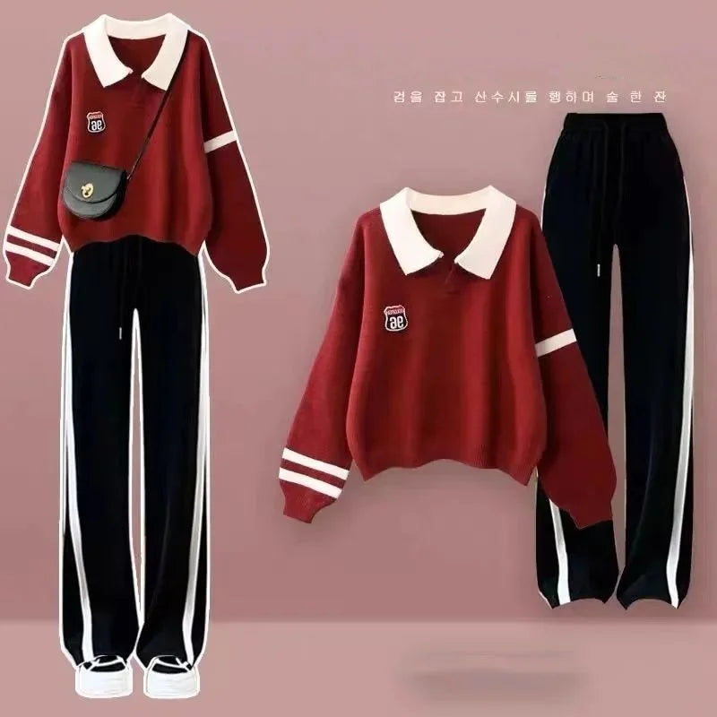 2024 Salt Style College Style Polo Hoodie Set for Women's Autumn New Casual Sports Wide Leg Pants Two Piece Set