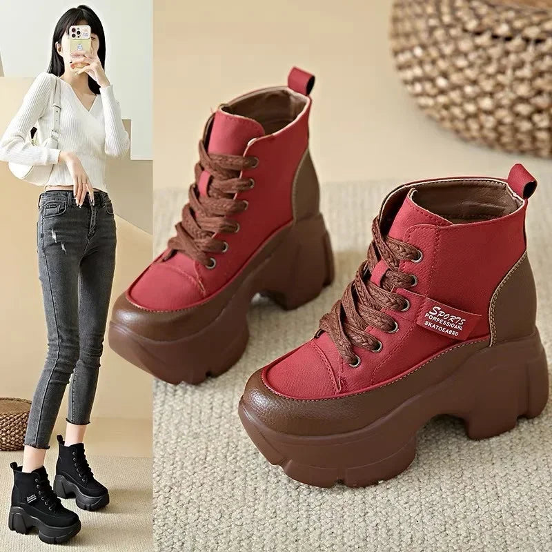 Women's Shoes on Sale High Quality Lace Up Women Boots Winter Round Toe Mixed Colors Short Barrel Platform Increase Height Boots