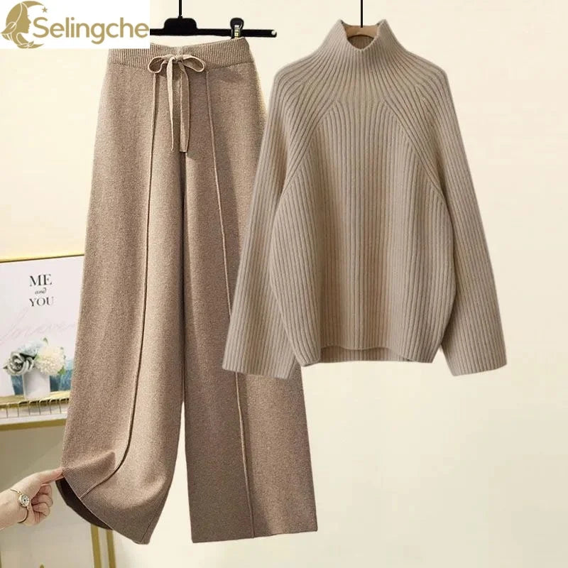 Autumn Winter New Loose Semi High Neck Long Sleeved Knitted Sweater Plush Wide Leg Pants Two-piece Set Elegant Women's Pants Set