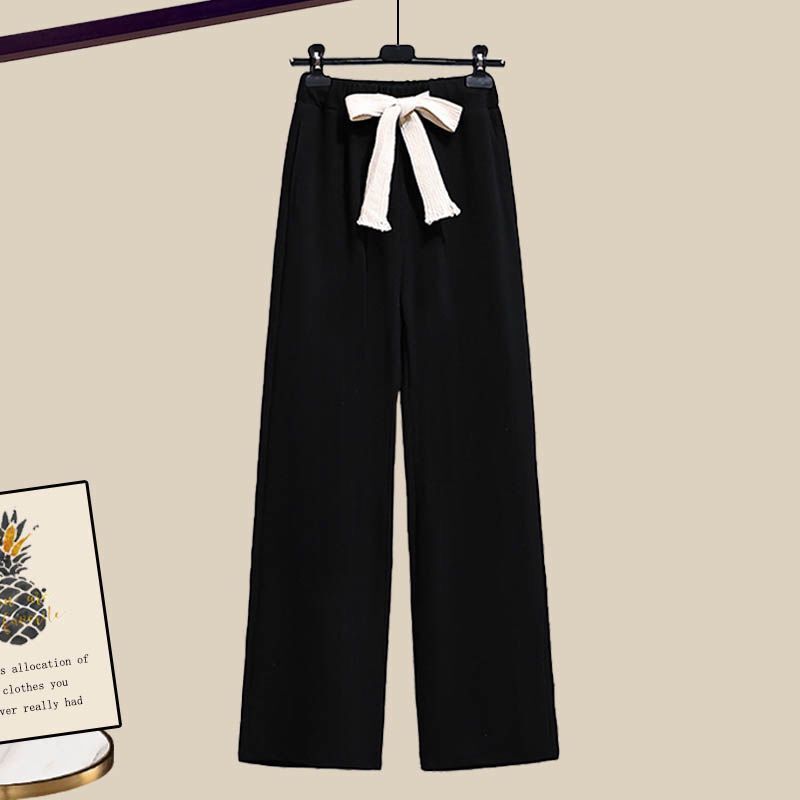 Bowknot Round Neck Knitted Sweater Pullover Lace-up Casual Wide Leg Pants Two-piece Elegant Women's Pants Set Outfits