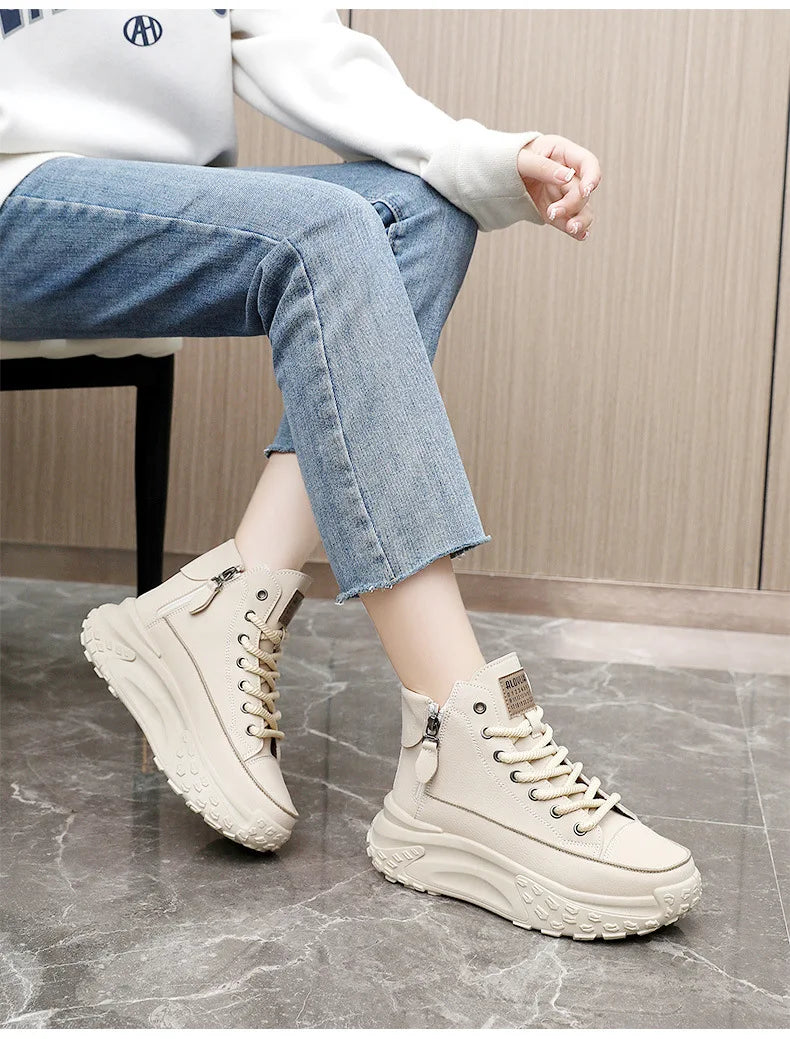 Women Boots High Top Winter Plush 2024 New Round Toe Thick Sole Height Increasing Lace Up Zipper Platform Casual Shoe Warm Boots