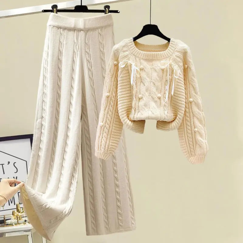 Winter New Round Neck Long Sleeve Knitted Sweater Fried Dough Twists Knitted Wide Leg Pants Two Piece Elegant Women's Pants Set