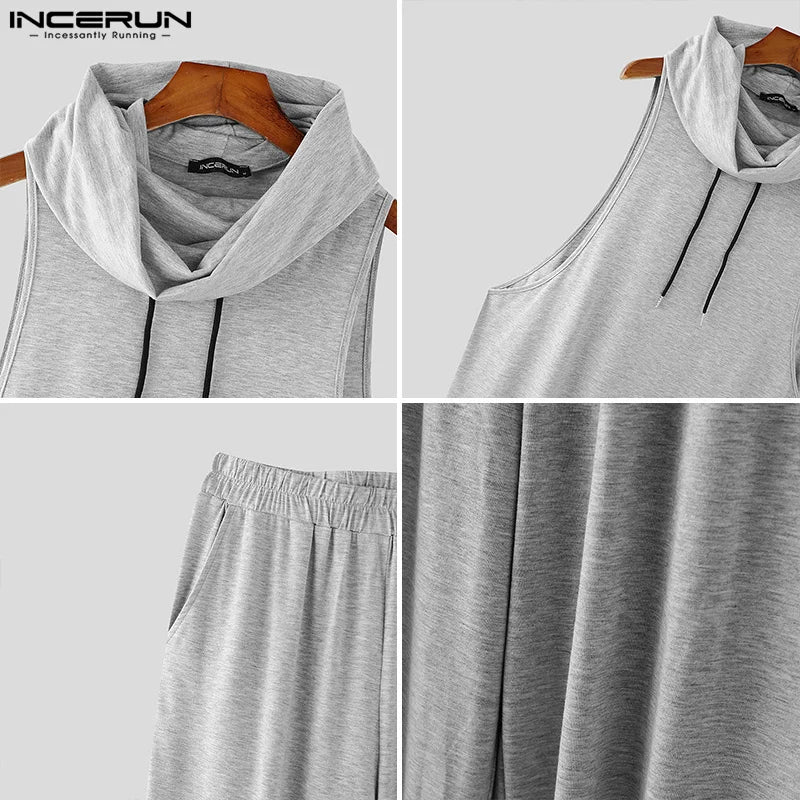 INCERUN 2024 American Style Sets Fashion Men's Sleeveless Sweatshirt Pants Casual Pile Neck Design Irregular Hem Two-piece Sets