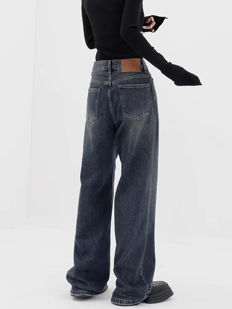 Retro Dark Blue Wide Leg Jeans Baggy Straight Trousers