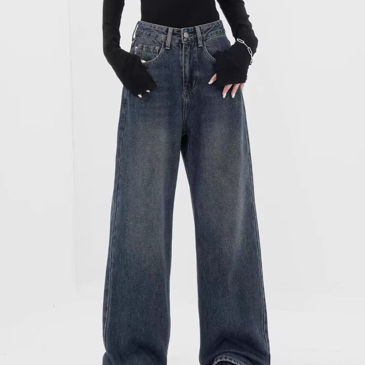 Retro Dark Blue Wide Leg Jeans Baggy Straight Trousers