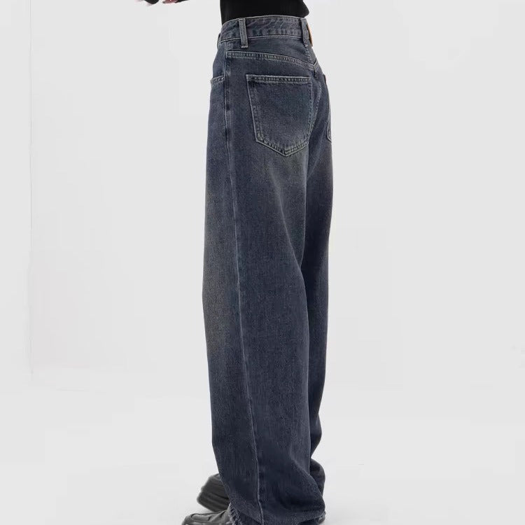 Retro Dark Blue Wide Leg Jeans Baggy Straight Trousers