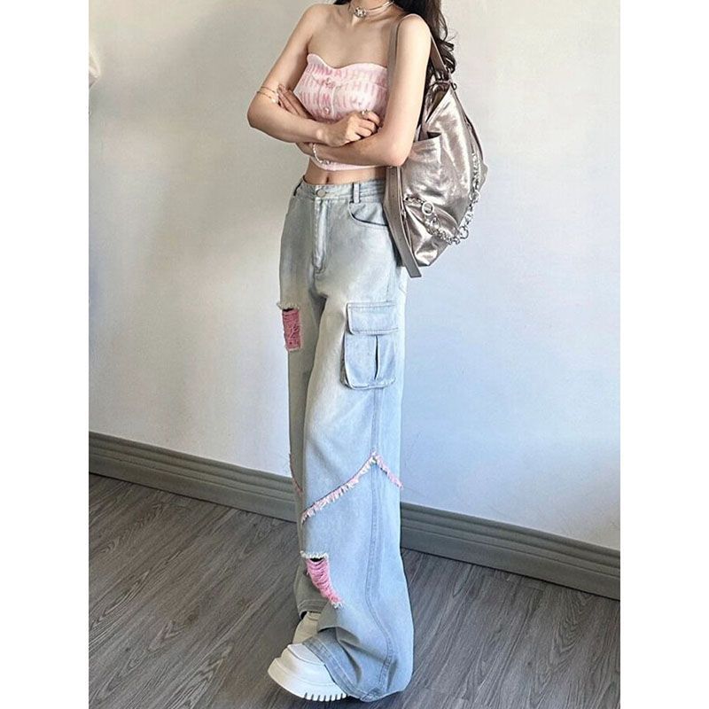 Ripped Cargo Jeans Women's High Waist Baggy Straight Trousers