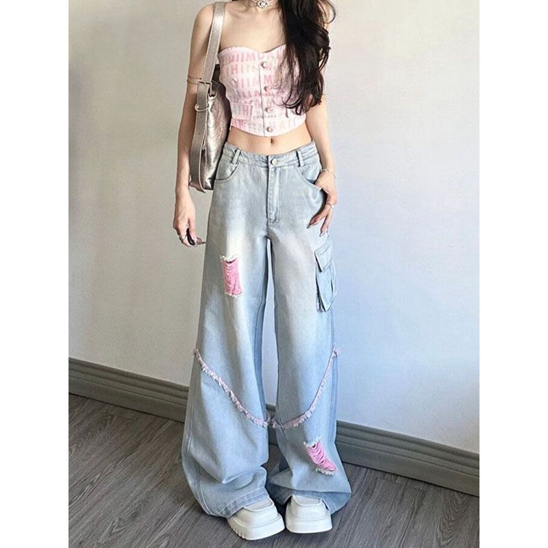 Ripped Cargo Jeans Women's High Waist Baggy Straight Trousers