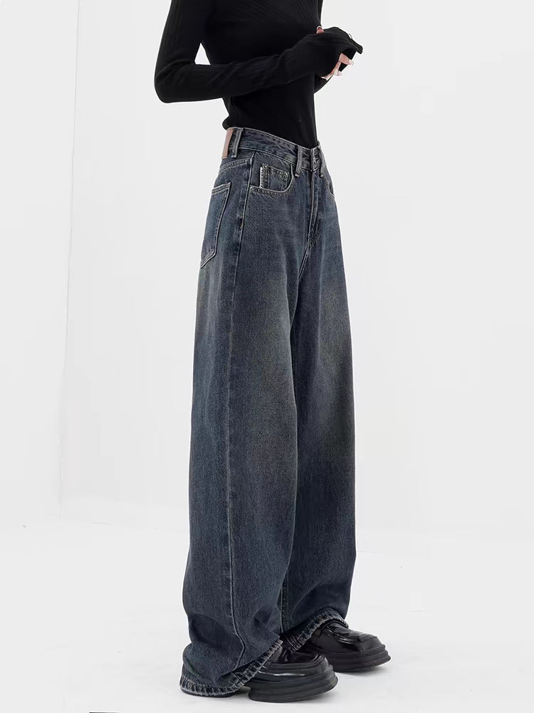 Retro Dark Blue Wide Leg Jeans Baggy Straight Trousers